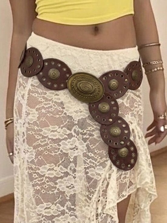 Accessories - Y2K Fairy Grunge Boho Wide Belt Brown Leather Oval Buckle Adjustable Gipsy